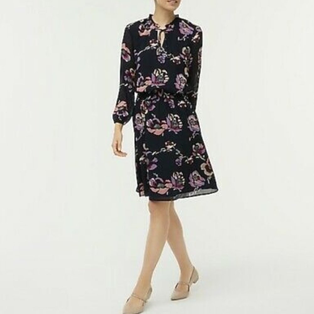 J Crew Floral Smocked Waist Dress Tie Neck